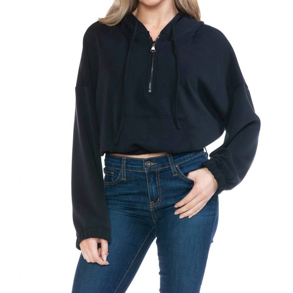 NEW ARIELLA cropped long sleeve hoodie with zipper in black